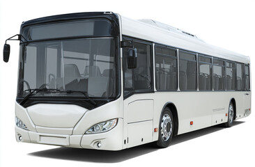 Modern white city bus with tinted windows and black trim isolated on white background