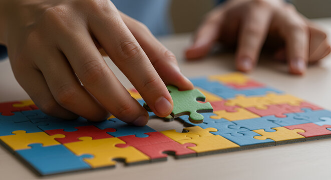 Close-up of hand arranging puzzle pieces, autism awareness symbol, neurodiversity and inclusivity concept - Powered by Adobe