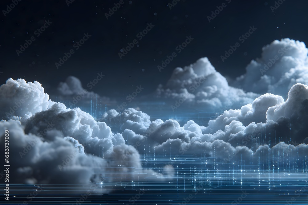 Poster digital technology background with cloud computing concept and data visualization on screen, blue co