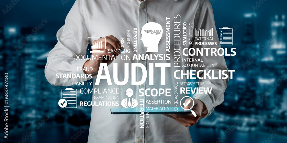 Poster a business professional holds a tablet displaying key audit concepts, emphasizing financial analysis