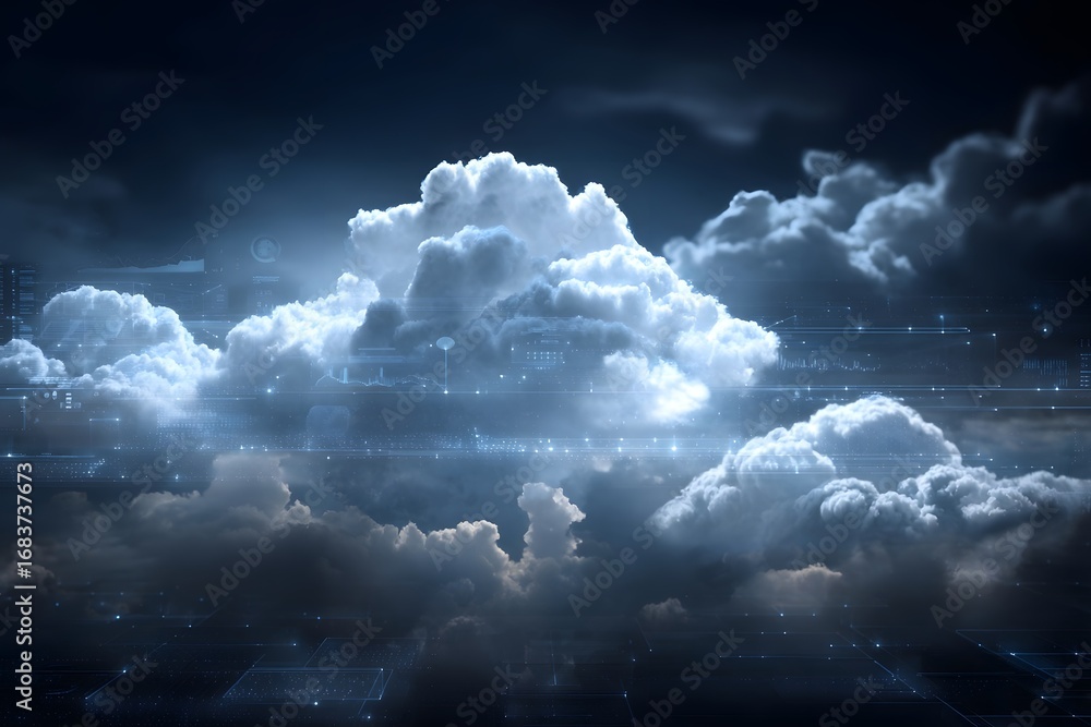 Poster digital technology background with cloud computing concept and data visualization on screen, blue co