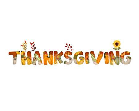 Thanksgiving text with autumn leaves and harvest elements