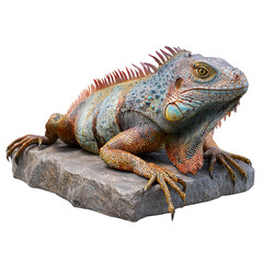 Fototapeta premium Detailed close up of a vibrant green and orange iguana reptile resting on a textured rock isolated on transparent background