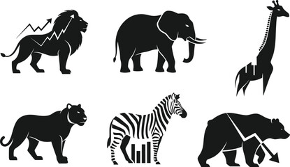 finance, market, animals, lion, elephant, giraffe, panther, zebra, bear, icon, vector, silhouette, black, white, chart, graph, arrow, trend, investment, symbol, illustration