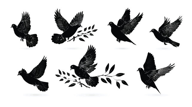 Elegant set of black doves flying with olive branch symbol of peace and love vector illustration