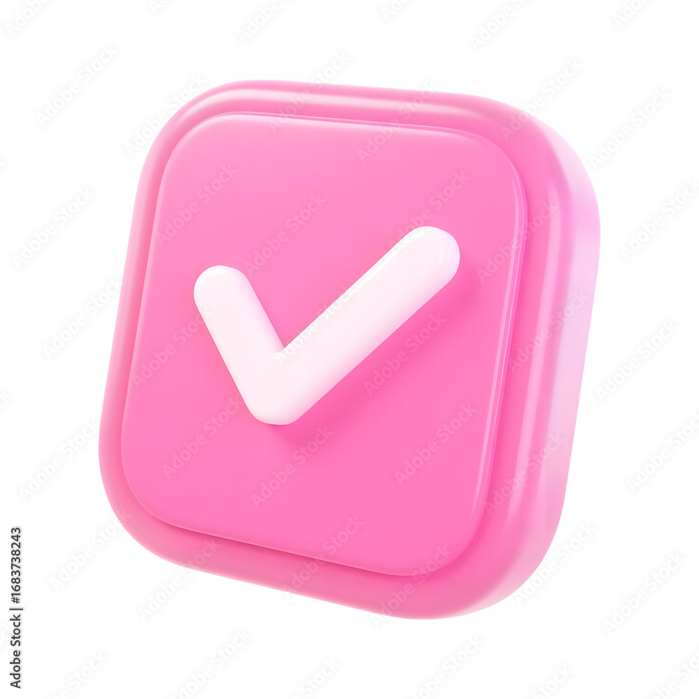 Poster A vibrant pink 3D checkbox with a white checkmark inside signifying completion or approval isolated on a transparent background