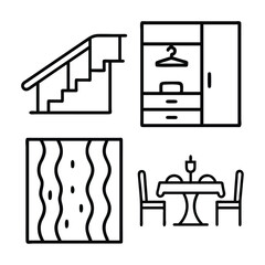 A collection of four minimalist line art icons depicting a staircase, wardrobe, wallpaper, and dining table with chairs.