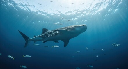 Obraz premium Whale shark in sunlit ocean. Schools of fish surround