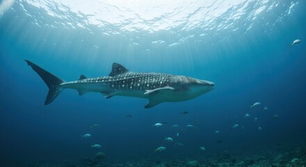 Obraz premium Whale shark swimming underwater, sunlight beams through