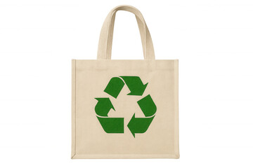 Beige reusable shopping bag with green recycling symbol promoting environmental awareness on transparent background