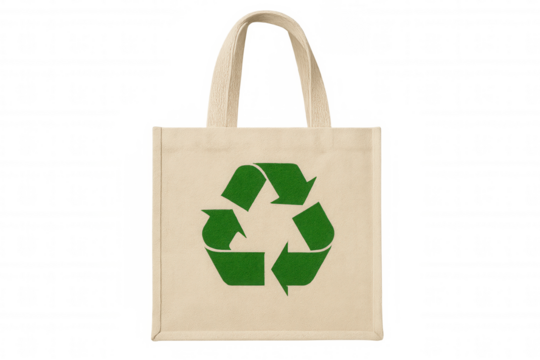 Beige reusable shopping bag with green recycling symbol promoting environmental awareness on transparent background