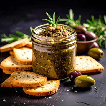 tudio shot of olive tapenade in small jar, bread crisps nearby 