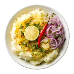 Delicious indian idli with sambar chutney and garnishes isolated on transparent background
