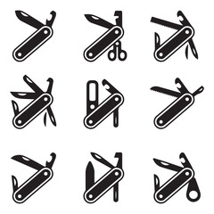 Set Swiss knife icon. Vector concept illustration for design. Vector black silhouette. with white background