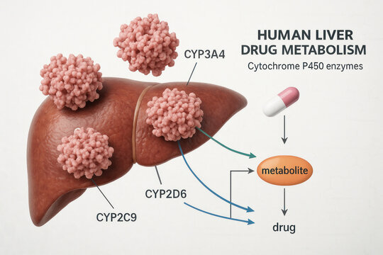 Human Liver Drug Metabolism Illustration with Cytochrome P450 Enzymes, Medicine, Healthcare [Illustration]