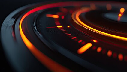 Close-up of a futuristic circular interface with glowing orange/red accents. Dark background