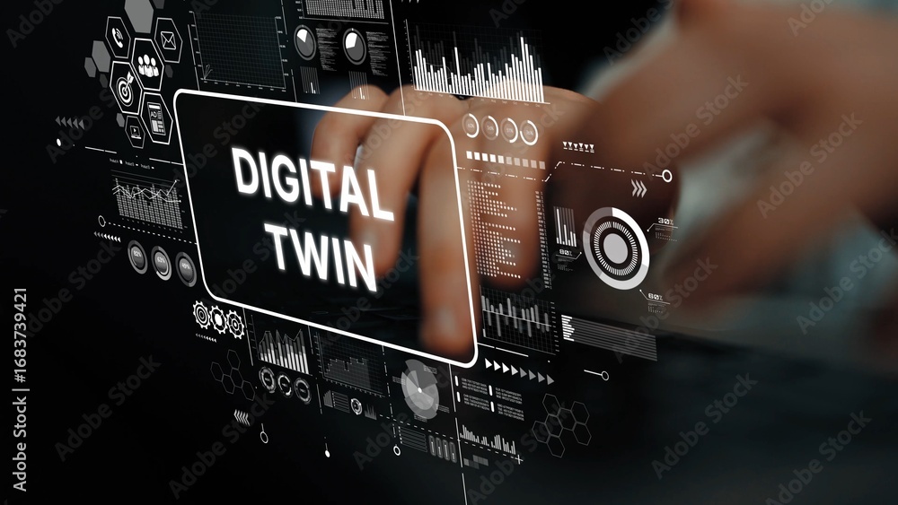 Poster digital twin concept with hands typing on screen surrounded by graphs and data visualizations in a m