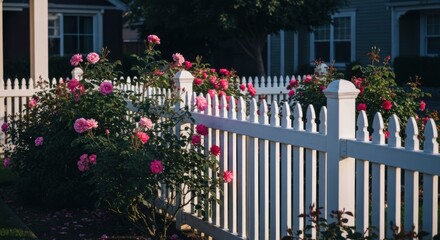 White picket fence with pink roses.  Sunlight on flowers