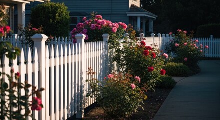 White picket fence with vibrant roses