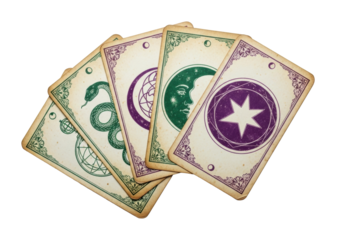 Five vintage, tea-stained oracle cards fanned in an arc on a transparent background with copy space, revealing mystical symbols like Serpent, Moon, Star. Concept of destiny and hidden wisdom.
