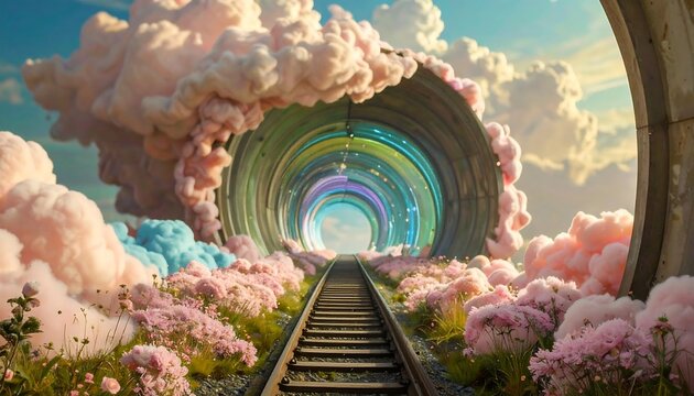 Whimsical tunnel on a dreamlike railway track