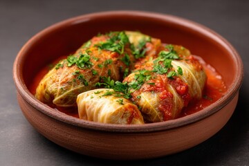 Sarmale In Red Clay Bowl With Tomato Sauce And Herbs, Rustic Food