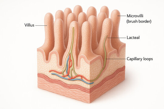 Intestinal Villi Illustration - Anatomy of the Small Intestine, digestive system function Illustration