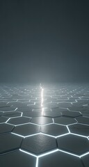 Naklejka premium Hexagonal grid floor, glowing white lines, futuristic, dark background