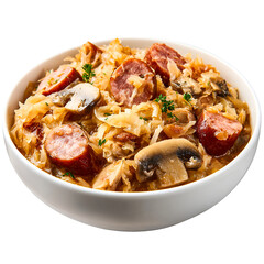 Hearty bowl of sauerkraut and sausage stew with mushrooms and herbs isolated on transparent background
