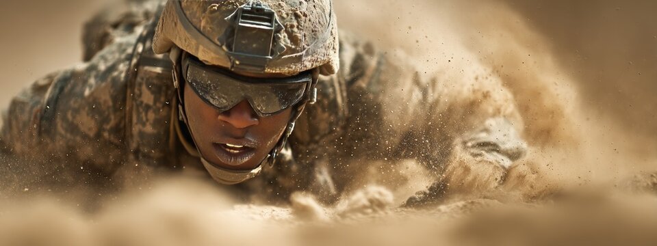 American soldier crawling in the dust during a military operation in a desert area