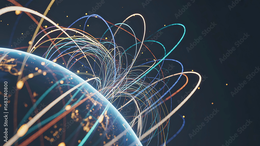 Aufkleber global network connections abstract data streams flowing around the world