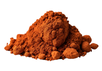 Raw terracotta orange iron oxide pigment mound, textured, dramatic lighting on transparent studio background with copy space, showcasing elemental material study