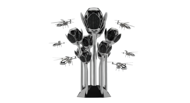 Intricate synthetic chrome flora with glowing black glass blossoms and metallic insect drones, isolated on transparent background, concept of sophisticated technological future - Powered by Adobe