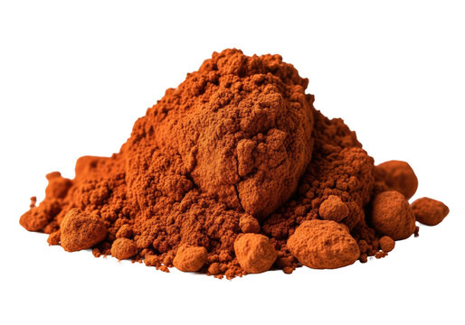 Raw terracotta orange iron oxide pigment mound, textured, dramatic lighting on transparent studio background with copy space, showcasing elemental material study