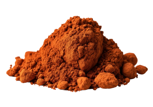 Raw terracotta orange iron oxide pigment mound, textured, dramatic lighting on transparent studio background with copy space, showcasing elemental material study