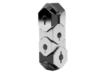 Three interlocked hexagonal panels (dark chrome, brushed aluminum, polished titanium) with etched details & magnetic anchors, on a stark white background with sharp shadows, representing advanced