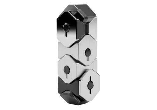 Three interlocked hexagonal panels (dark chrome, brushed aluminum, polished titanium) with etched details & magnetic anchors, on a stark white background with sharp shadows, representing advanced