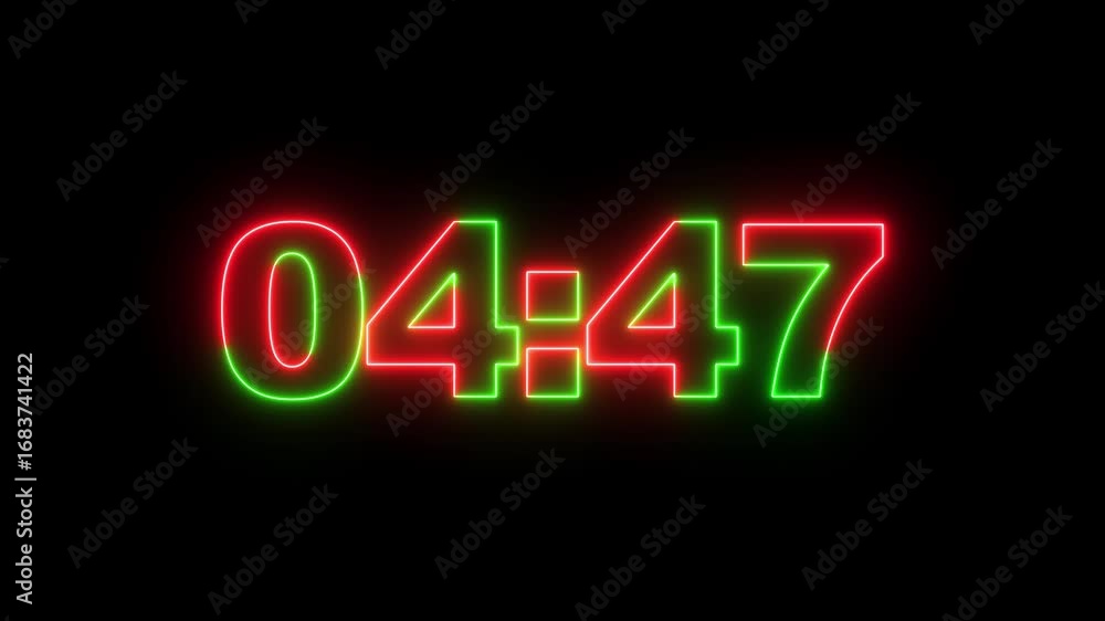 Poster glowing neon 5 minutes countdown with black background.5 minute digital negative countdown. seconds 