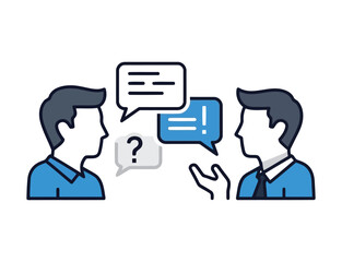 Two business people are having a conversation with questions