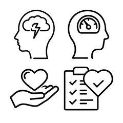 Four line art icons depicting a brain with a lightning bolt, a gauge in a head, a hand holding a heart, and a checklist with a heart.