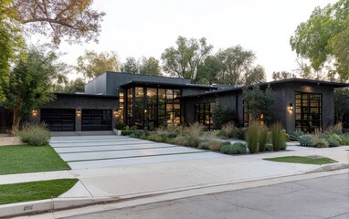 Fototapeta premium A modern residence with dark exterior walls, expansive windows, and a well-manicured lawn, situated on a residential street.