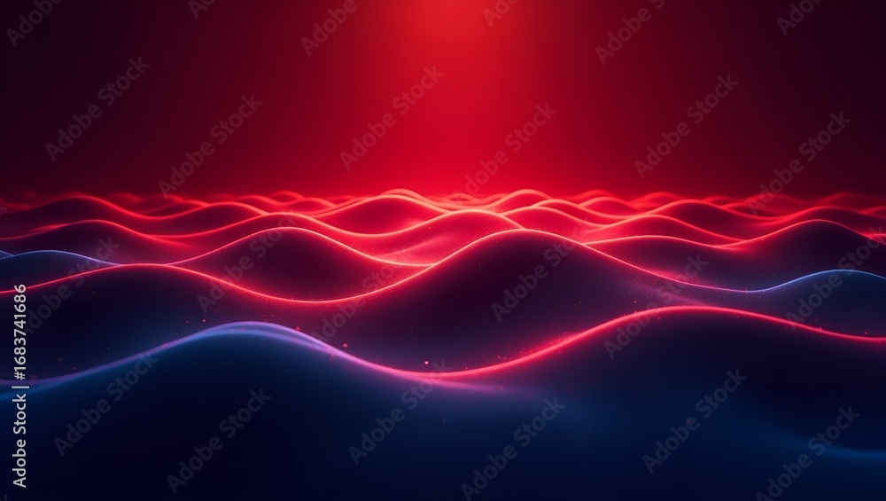 Poster bold color interplay glowing vertical waves shifting between intense red and midnight blue. a dramat