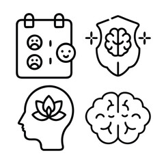 Four simple line art icons represent mental health concepts: a mood calendar, a protected brain, a head with a lotus, and a brain.