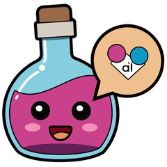 Cute AI Potion Bottle Character with Speech Bubble for Artificial Intelligence Concepts, Fun Tech Mascot, Modern Innovation, Playful Robot Design, Colorful Tech, Vector Style