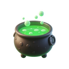 Whimsical 3D Cauldron Bubbling with Bright Green Potion and Floating Bubbles Isolated on Transparent Background