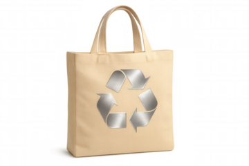 Reusable shopping bag promoting environmental awareness with metallic recycling logo, isolated on transparent background