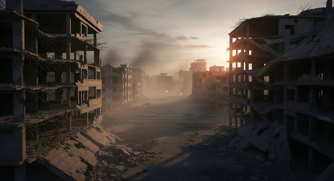 War-torn city landscape at sunset, featuring extensively damaged concrete buildings, exposed rebar, and scattered rubble, depicting desolation and post-apocalyptic aftermath.