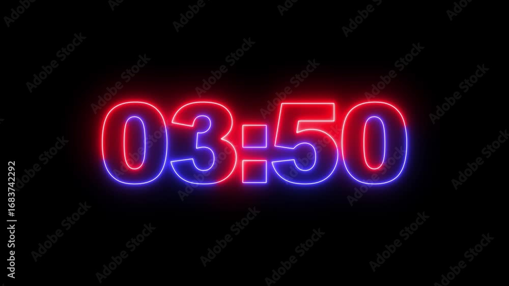 Poster glowing neon 4 minutes countdown with black background.4 minute digital negative countdown. seconds 