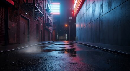 Neon lit wet urban street at night with vibrant light reflections on puddles, creating a dramatic cyberpunk city scene.