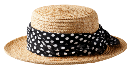 Beige straw sun hat with a black and white polka dot scarf